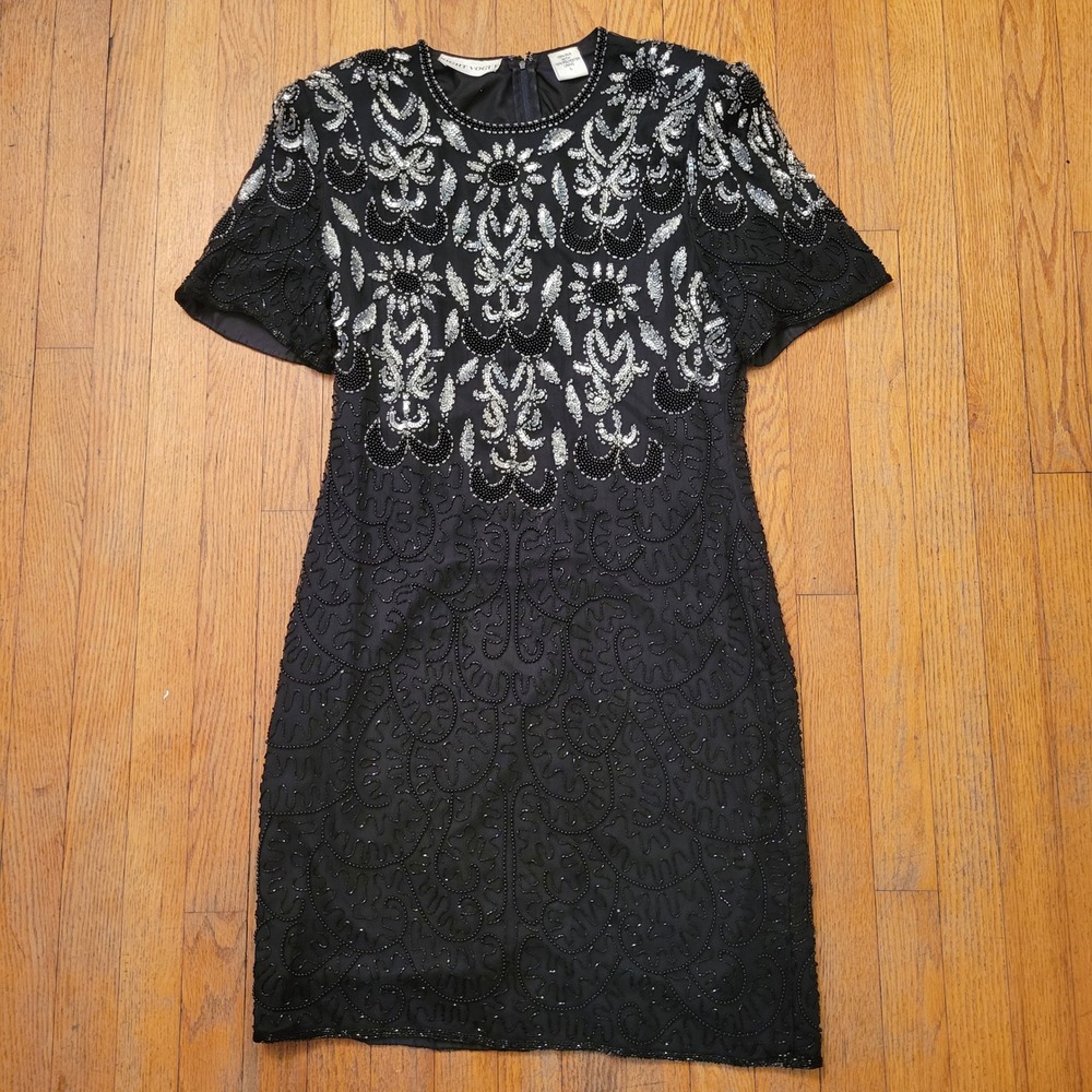 Night Vogue L Cocktail Dress Black Silk Beaded Sequin Art Deco Shift Whimsigoth